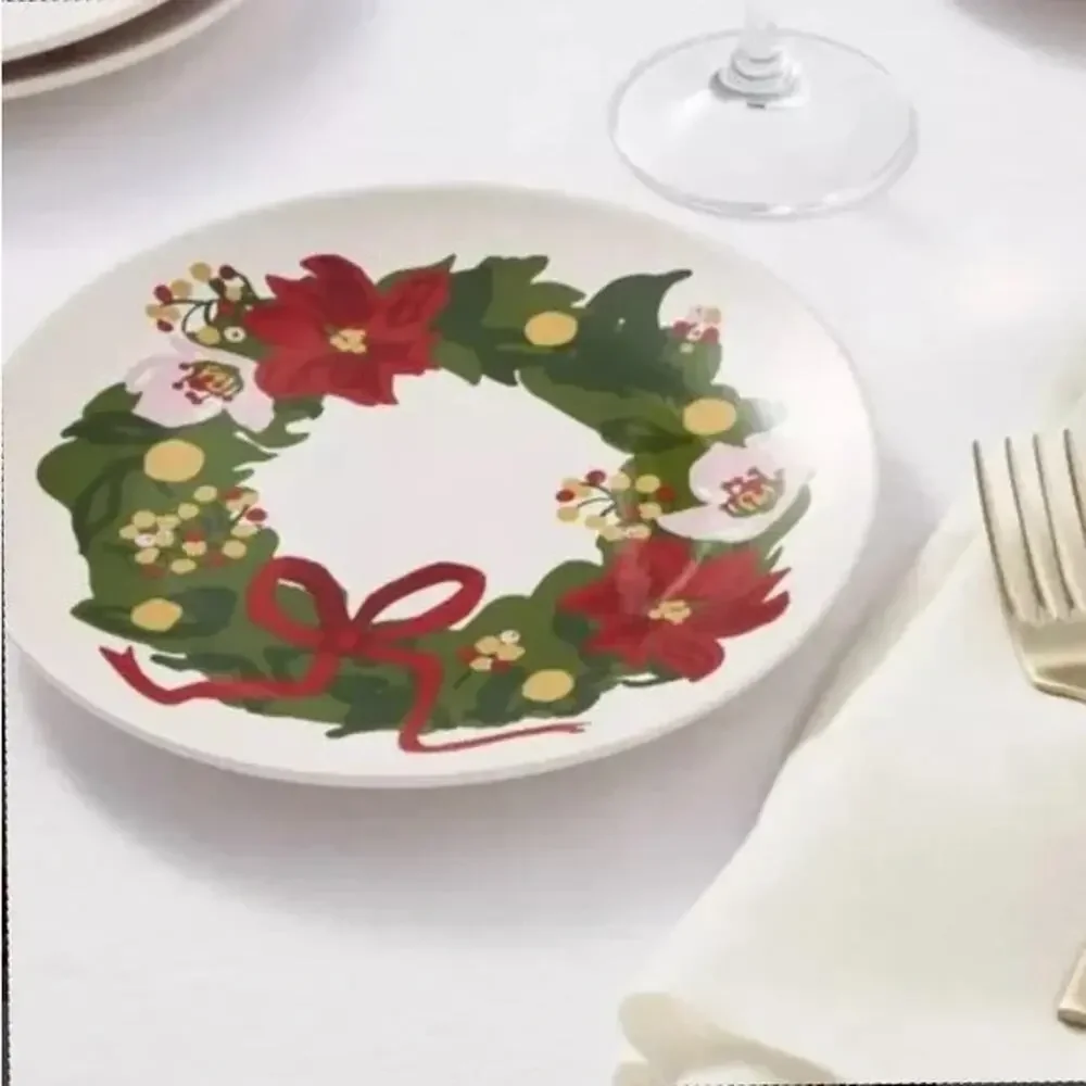 Threshold Set of 4 Christmas Stoneware Appetizer Plate Poinsettia Wreath 7.5